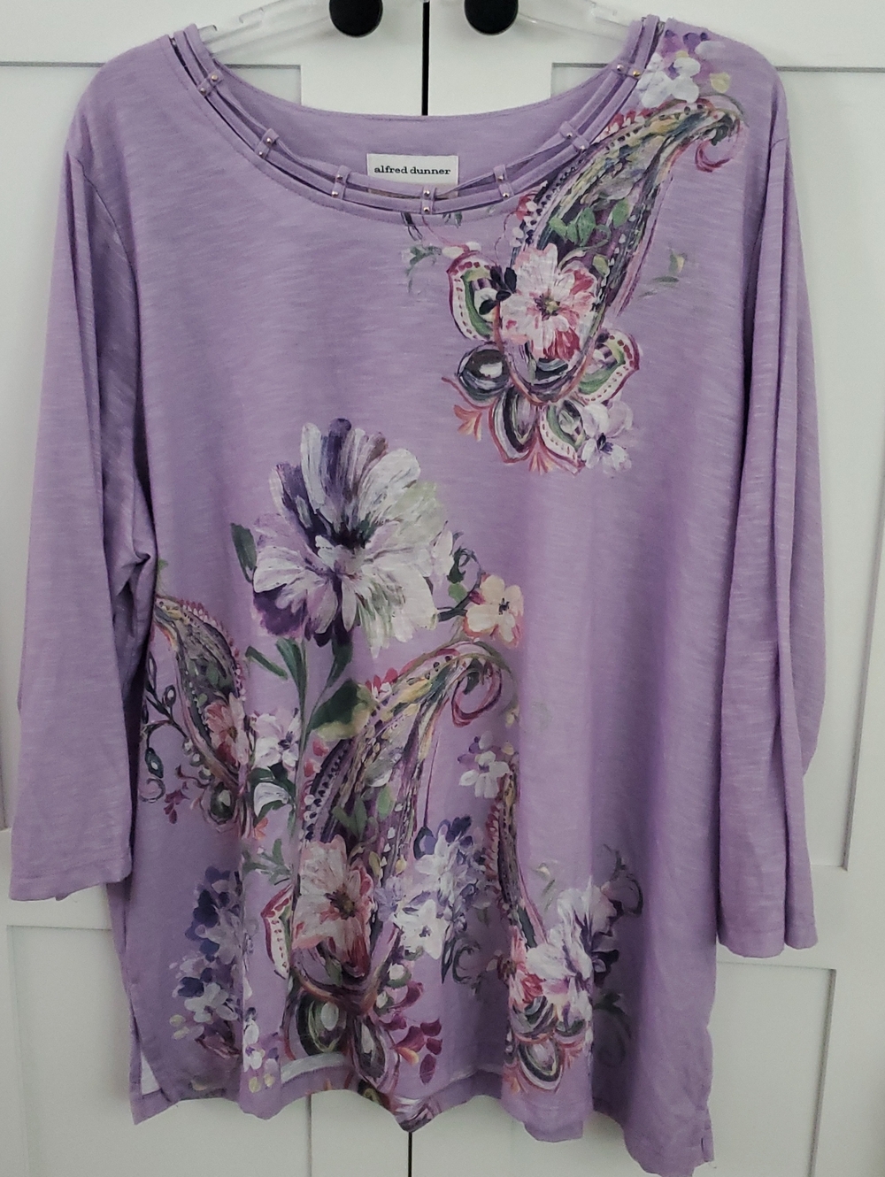 Alfred Dunner Lavender Floral Paisley Beaded Neck Long Sleeve Top